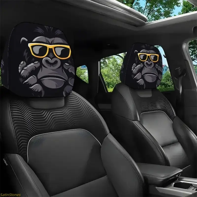 2‑Pack Gorilla Design Car Seat Headrest Covers, Stylish Eyeglasses Sunglasses Holder, Elastic Easy‑Install Universal Car Interior Accessory
