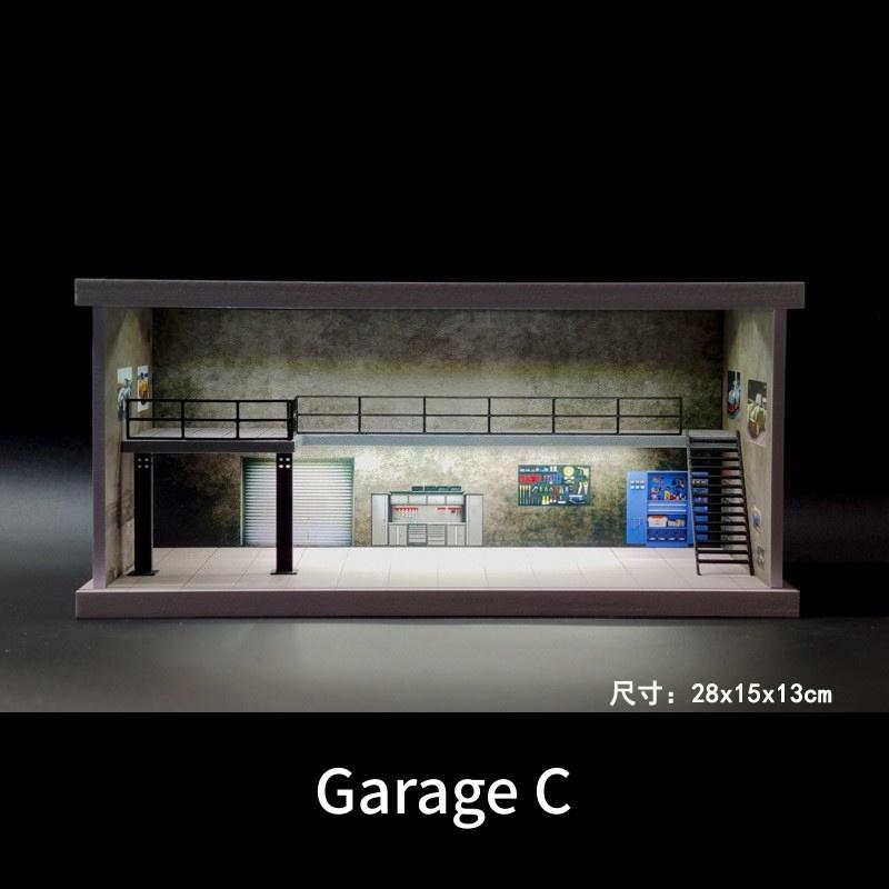 Diorama 1/64 Car Garage Model LED Lighting City Repair Workshop Two-storey Car Parking Lot Scene Display Model Collection Gift Toy