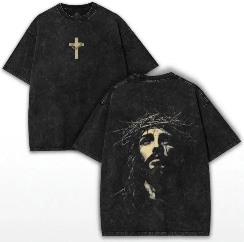 Jesus Crown of Thorns Washed Hoodie, Christian Apparel Streetwear, Oversized Menswear And Women Menswear Tops, Gym Pump Cover Washed T-shirt tiktok shop deals