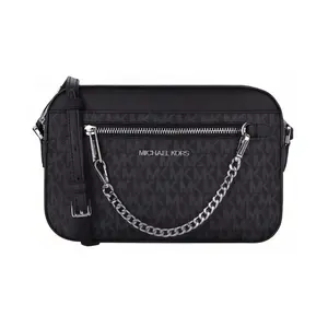 Michael Kors Jet Set Vintage Monogram PVC and Leather Crossbody Camera Bag for Women, Black