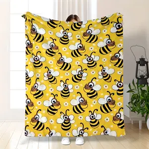 Cozy Reversible Bee & Honeycomb Flannel Throw Blanket Suitable For - Soft Bedspread With Cute Bees, Lightweight Warm Bedspread For Sofa, Bed, Camping & Travel |   Machine Washable Bedspread, Cozy Fabric