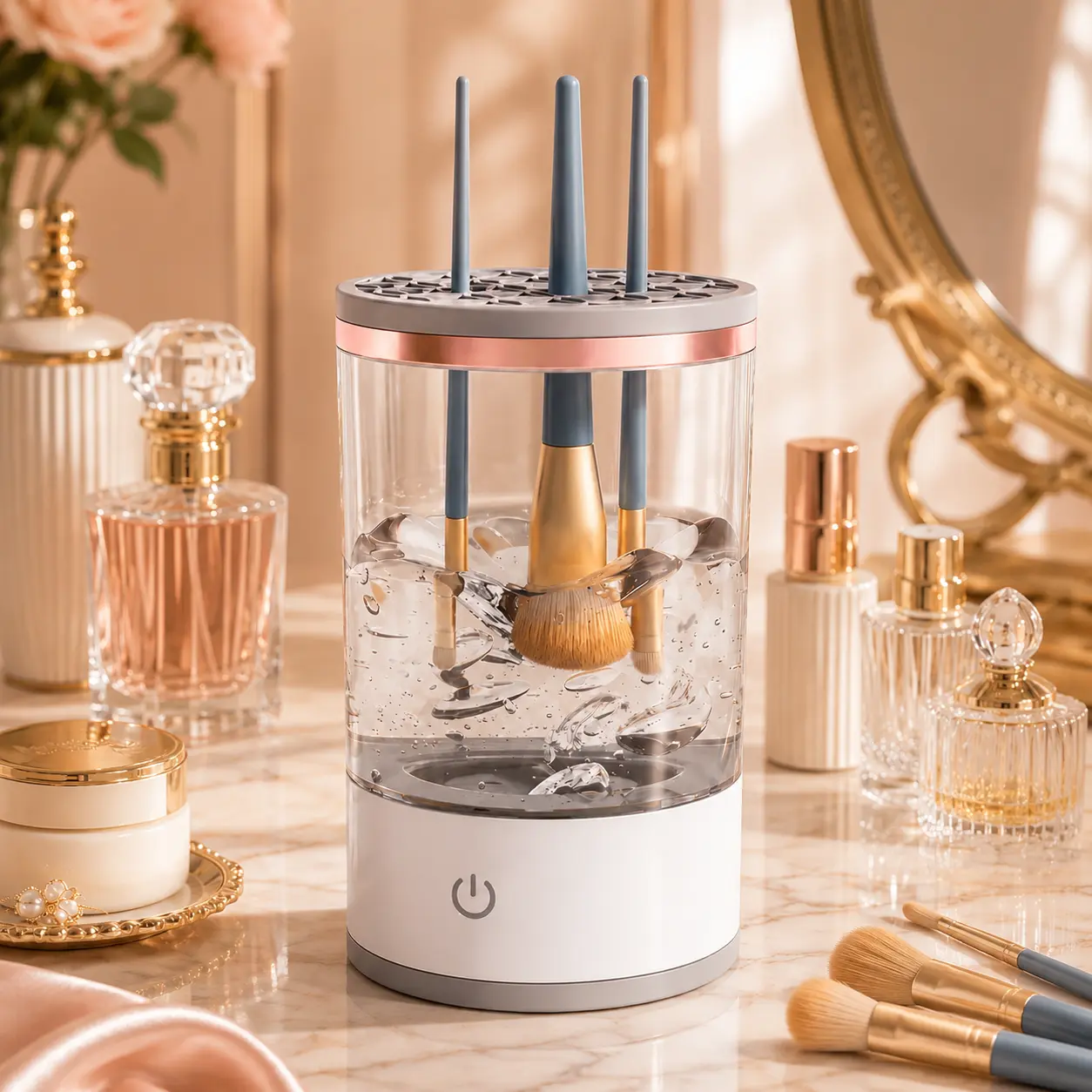 USB Rechargeable Automatic Makeup Brush Cleaner Machine, Electric Makeup Brush Cleaning Device with Multi-Hole Brush Holder, Fast Deep Clean Makeup Brushes of All Sizes, Portable Cosmetic Brush Washing Tool for Vanity Home Makeup Artist Use