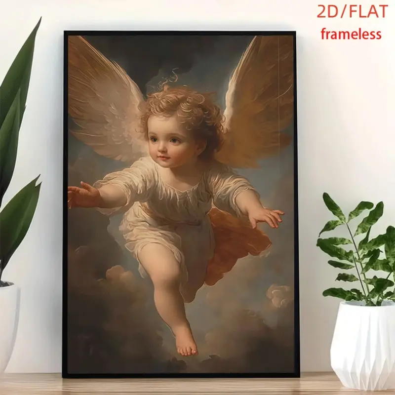 frameless Cute Little Angel Descends From Clouds Art Decor Print Poster, Wall Art for Living Room, Bedroom, Office, Dining Room & Bar, Perfect Gift & Home Decor, 12in x 16in