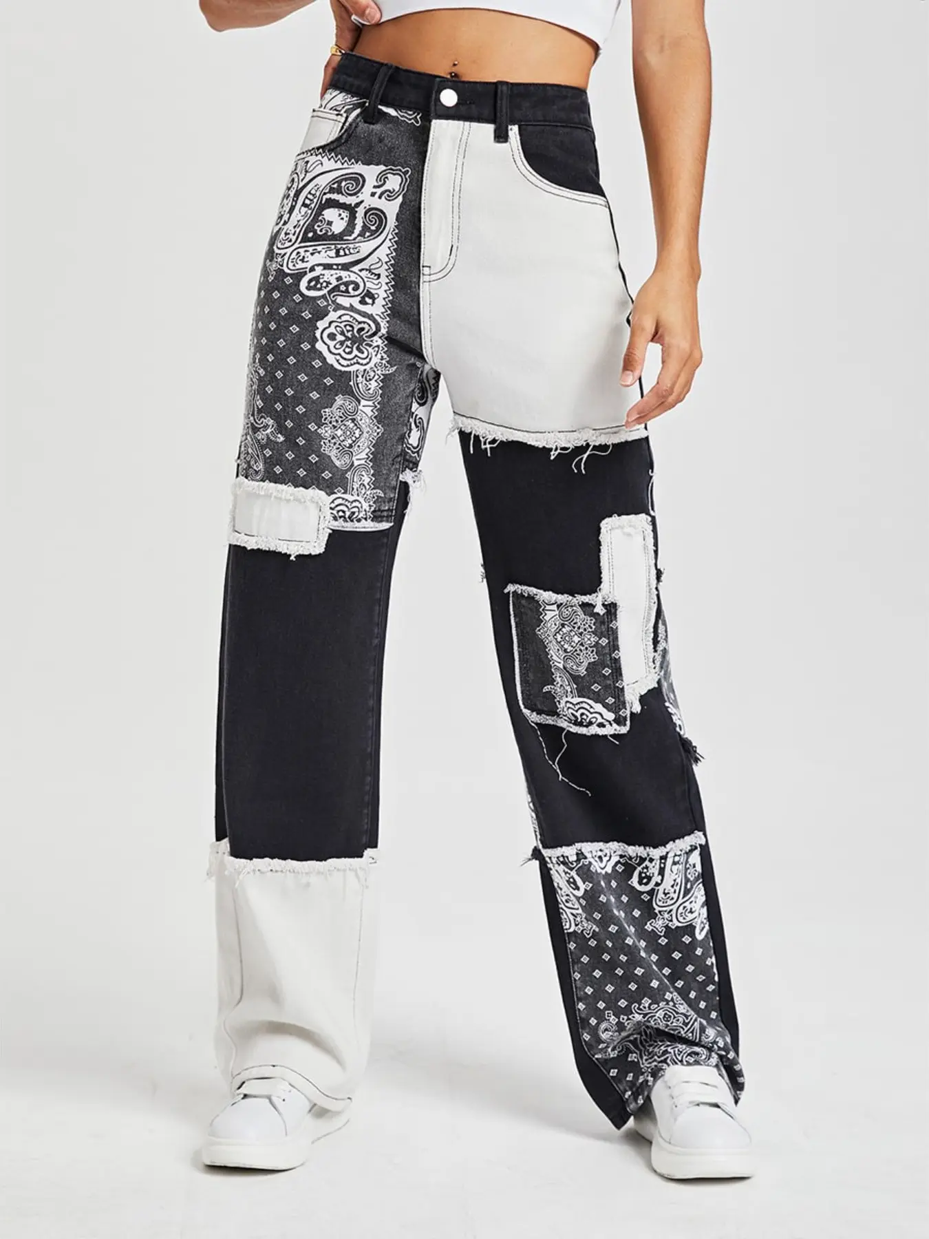 Y2K Retro Paisley Patchwork Denim Long Pants, Unique Asymmetrical Colorblock Frayed High Waist Wide Leg Jeans, Fashionable Women's Clothing