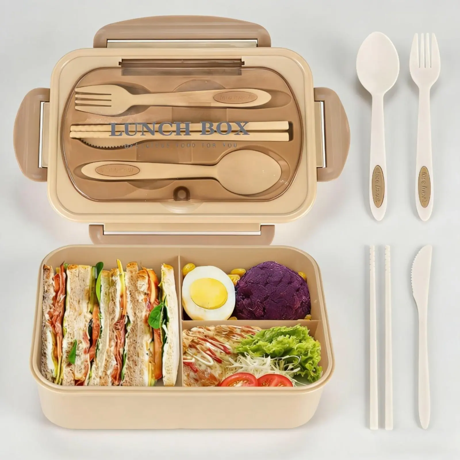 3-Compartment Adult Bento Box, Leak-Proof Microwave Safe Portable Lunch Container with Matching Utensils, Reusable Daily Food Storage Meal Prep Box