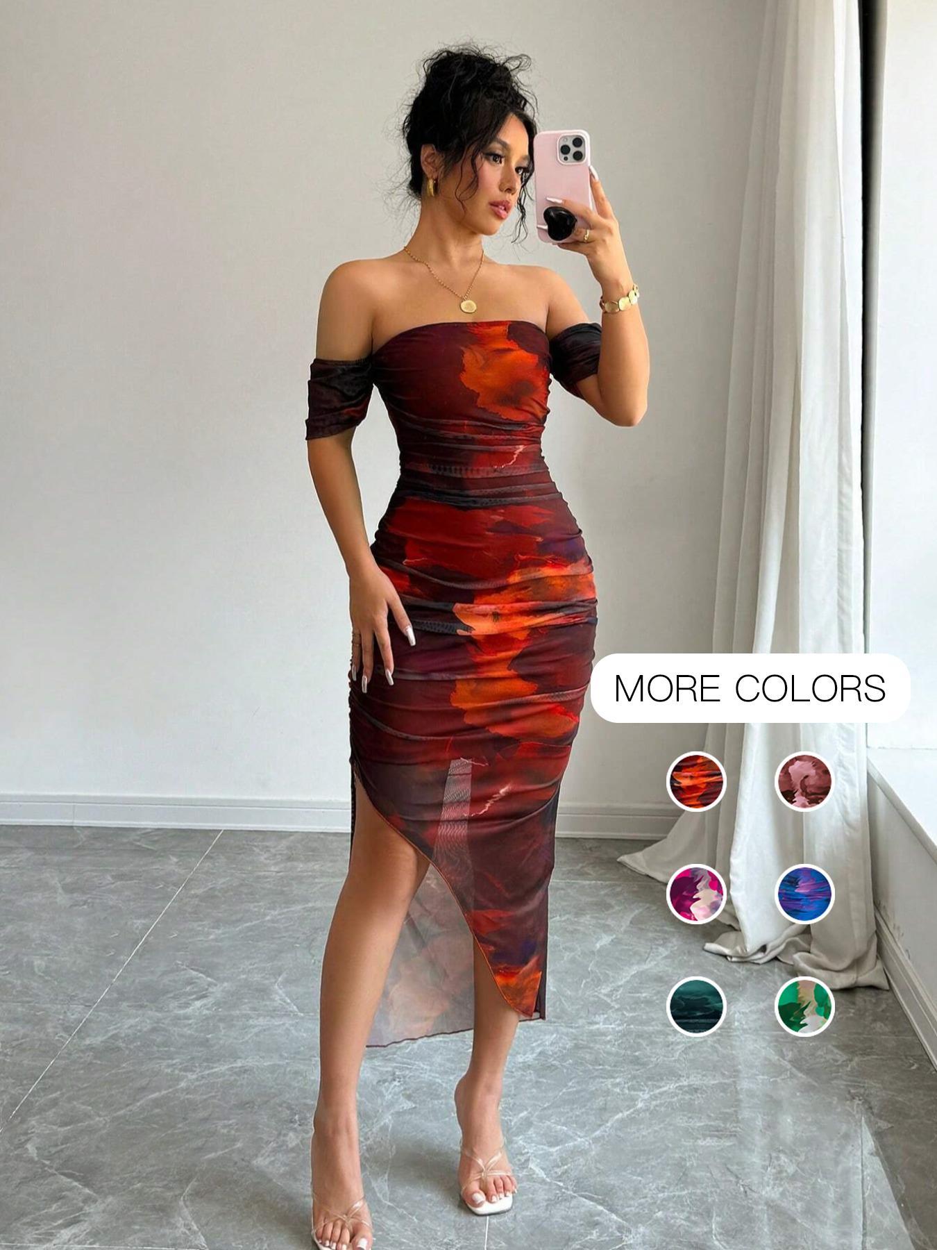 Women's All Over Print Off Shoulder Mesh Breathable Slit Dress, Elegant Chic Fashion Casual Dress for Party Club Dating Wear, Women Dress for Summer