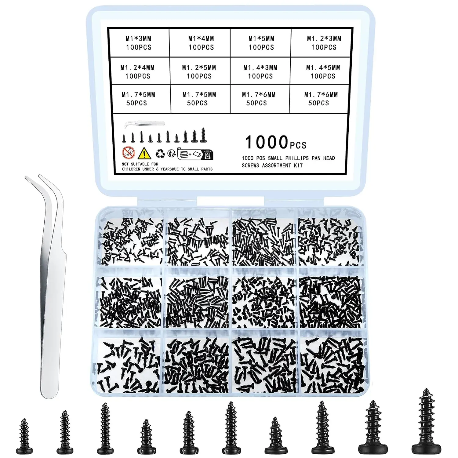 1000 count Small Pan  Screws  Kit,    Self-Tapping Machine Screws for Glasses Watches Phone  Repair