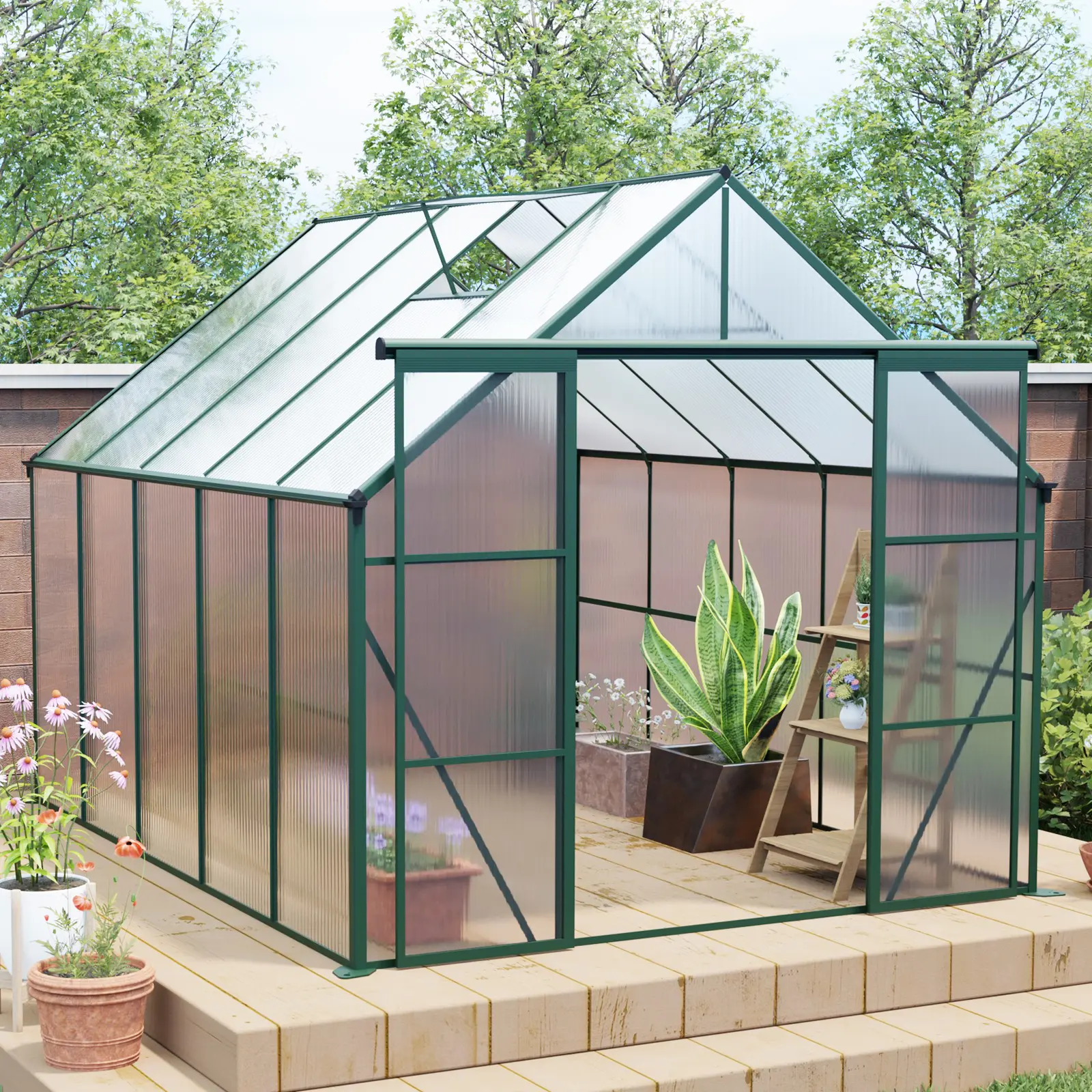 Nokaa 8x10FT Walk-in Greenhouse for Outdoor Backyard, Double Sliding Door Polycarbonate Greenhouse with Galvanized Base & Anchor, Heavy Duty Aluminum Frame, Adjustable Roof, Drainage System, All Season Green House for Plants & Flowers, Green