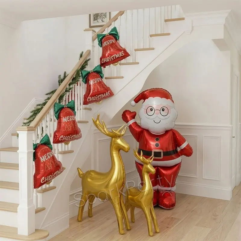 7pcs Santa Claus Gold Reindeer Bell Balloon Set, Giant 4D Standing Santa Aluminum Foil Balloons, Butterfly Christmas Bell Balloons, New Year Festival Decorations
