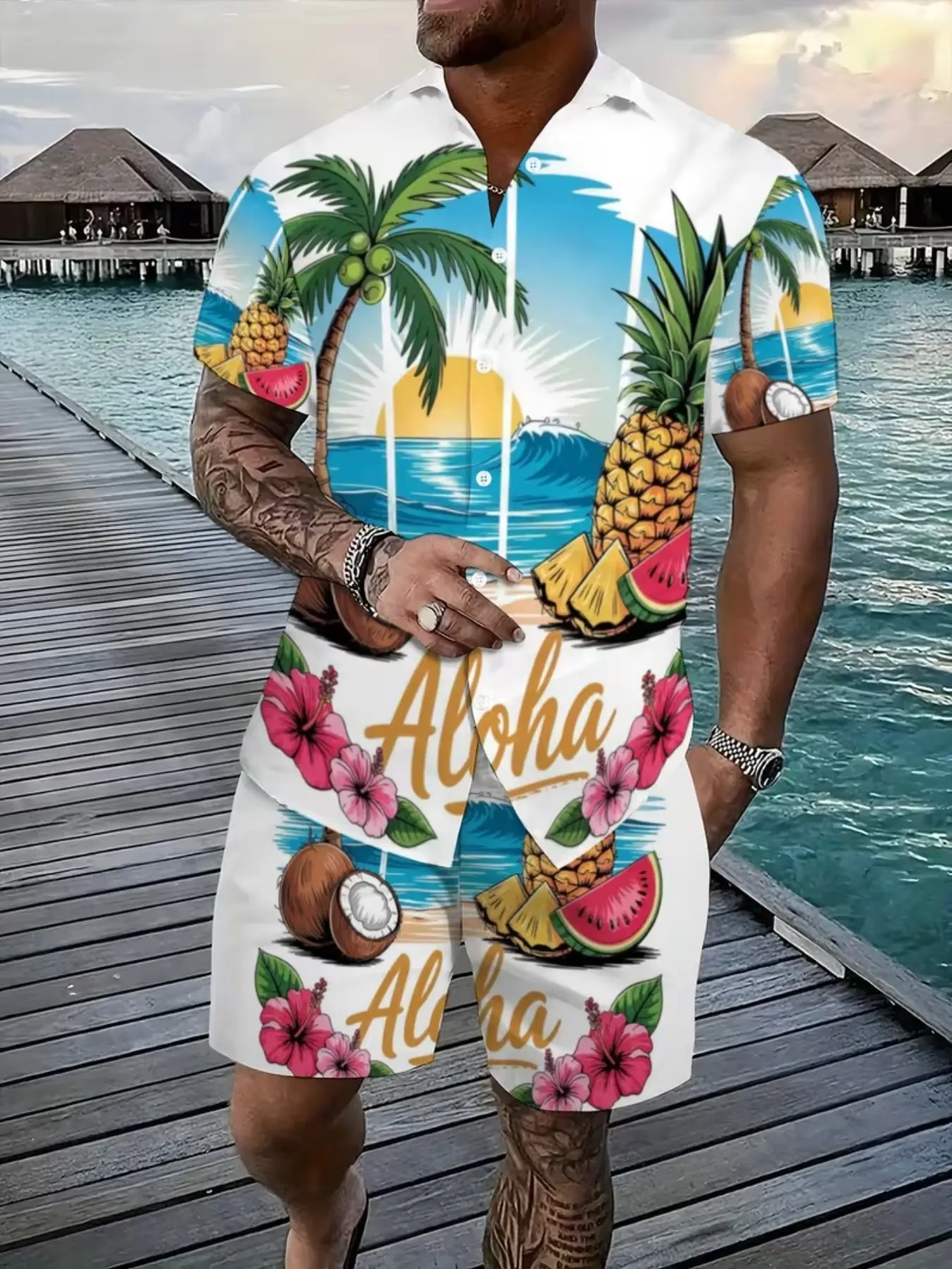 Men's Aloha Tropical Print Two-Piece Set, Short Sleeve Collar Hawaiian Shirt + Drawstring Beach Shorts, Summer Vacation