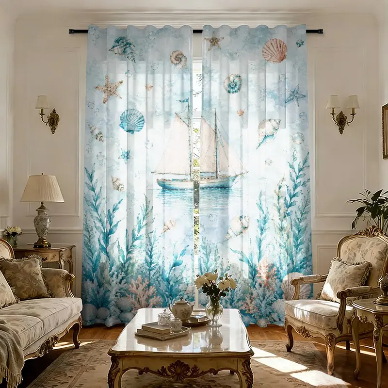 2 pieces of marine sailing shell star-print curtains, pole bag curtains, high-definition digital printing, machine washable and hand washable, hookless, suitable for living room, bedroom party and home decoration