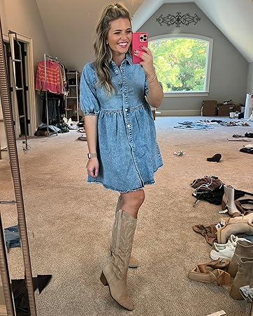 FMEYOA Womens Summer Denim Dress Button Down Short Sleeve Babydoll Dress Puff Sleeve Flowy Jean Dress