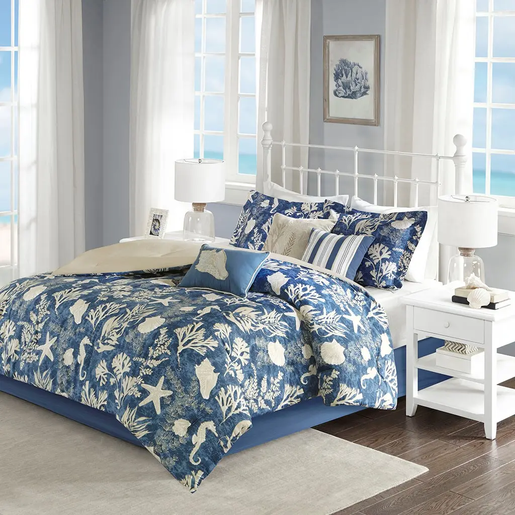 Nokaa 7 Piece Cotton Sateen Comforter Set - Blue California King Bedding Set with Soft Sateen Weave Comforter, Pillow Shams, Decorative Pillows, Bed Skirt for Master Bedroom Guest Room Hotel Dorm Room, Home Furniture and Household Product Search T...
