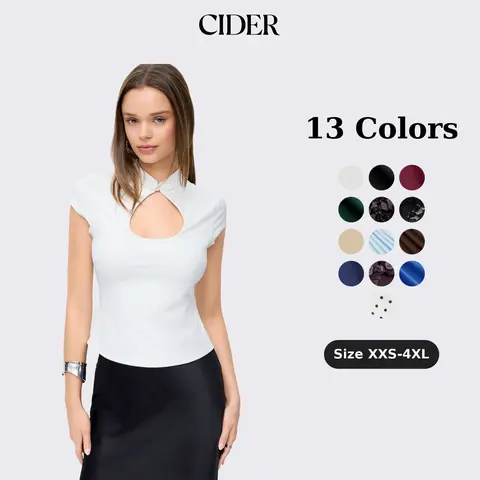 Cider Stand Collar Short Sleeve Cut Out Top