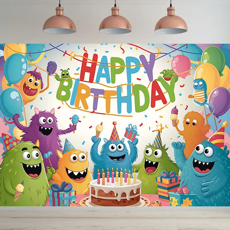 Colorful Monster Birthday Party Backdrop Banner | 2D Flat Banner Single-Sided Polyester Fabric | Metal Grommets for Hanging | Kids Birthday Photo Background Decoration