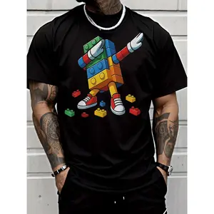 Building Block Robot Graphic T-Shirt Men Cartoon Toy Brick Colorful Streetwear Tee Unisex Cotton Crew Neck Short Sleeve Ships From USA