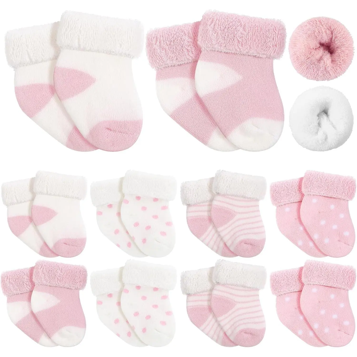 10 Pairs No French Terry Cotton Turn Cuff Socks for 0-3 Months Preemie Newborn Boys & Girls - NICU Baby Must-Have, Blue and White, Pink and White