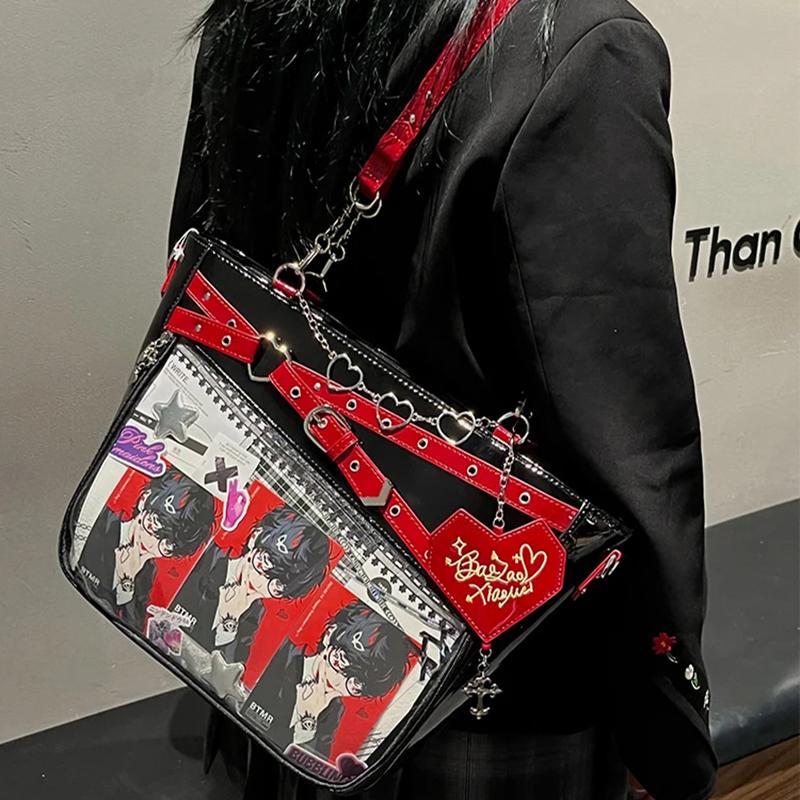 Fashion Y2k Hot Girl Transparent Ita Bag, Diy Display Bag Heart Chain Decor Handbag, Streetwear Large Capacity Crossbody Bag