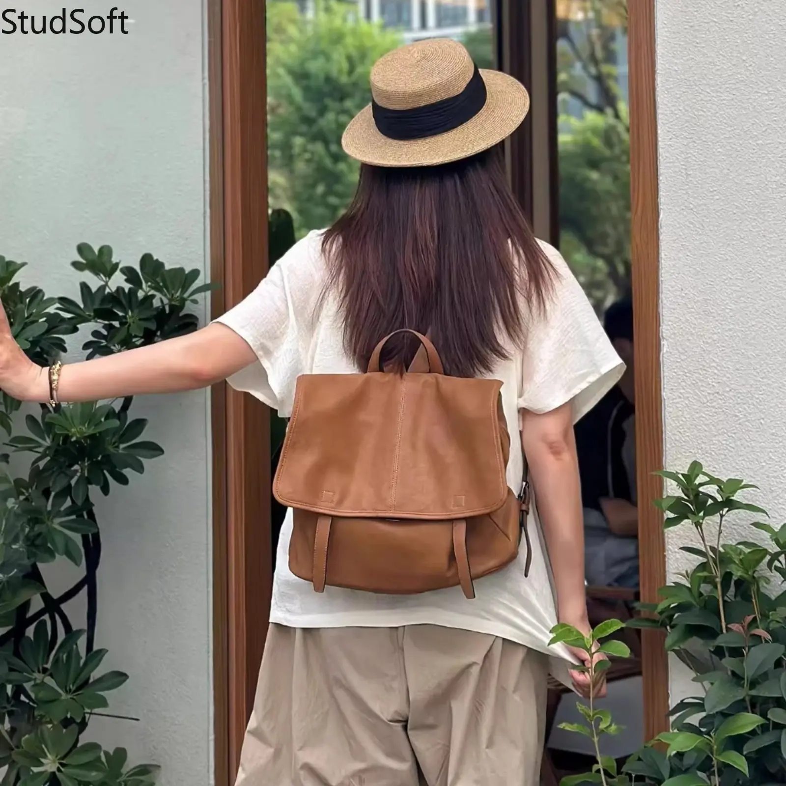 Vintage Brown Leather Backpack for Women, Casual Large Capacity Rucksack with Flap, Fashionable Anti-Theft School Shoulder Bag Daily Travel Holiday Gift, Anti-Theft Flap, Shoulder Carry