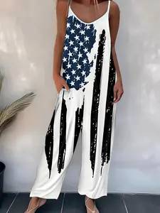 Women's Random American Flag Print Pocket Backless Sleeveless Cami Jumpsuit, Casual Adjustable Strap V Neck Wide Leg Jumpsuit, Women's Summer Clothing