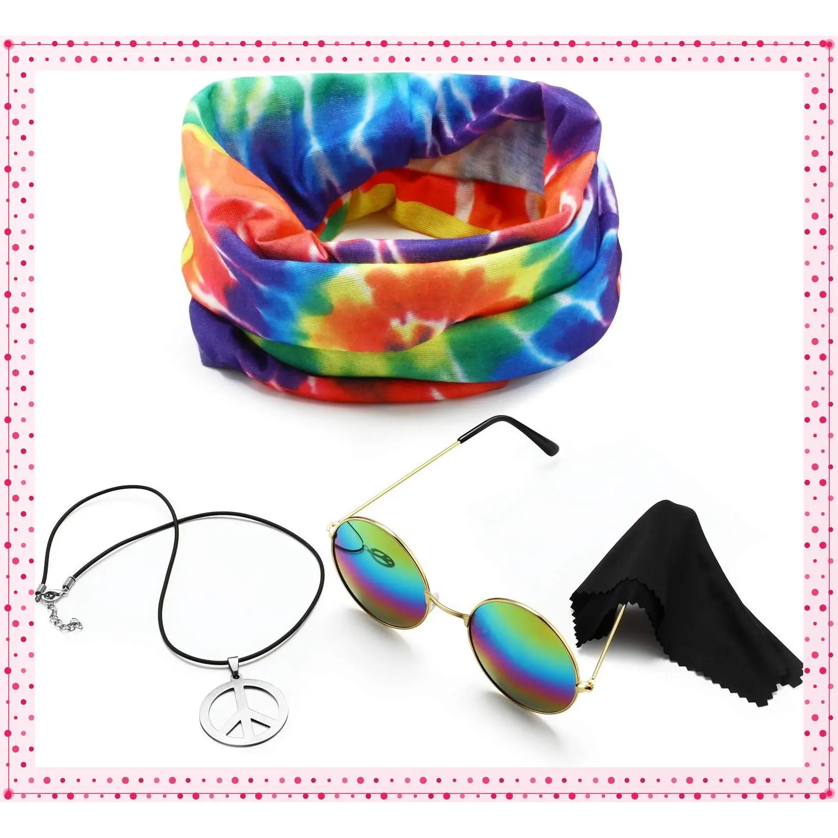 3 Pcs Hippie Costume Accessories 70s Peace Sign Necklace Tie Dye Hippie Headband Sunglasses Carnival Party DecorGift