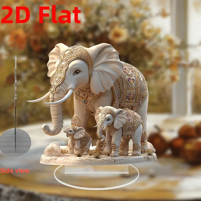 2D Flat, Bohemian-style acrylic elephant decoration, 2D flat decorative elephant small statue with gold accents, home decor for kitchen, living room, bedroom, prayer room - suitable for Christmas, Halloween, Easter, Hanukkah, Thanksgiving gifts, elephant