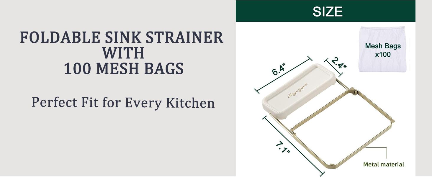 Foldable Kitchen Sink Filter Basket, 100 Disposable Mesh Bags, Rotatable Food Waste Disposal Gadget (White)
