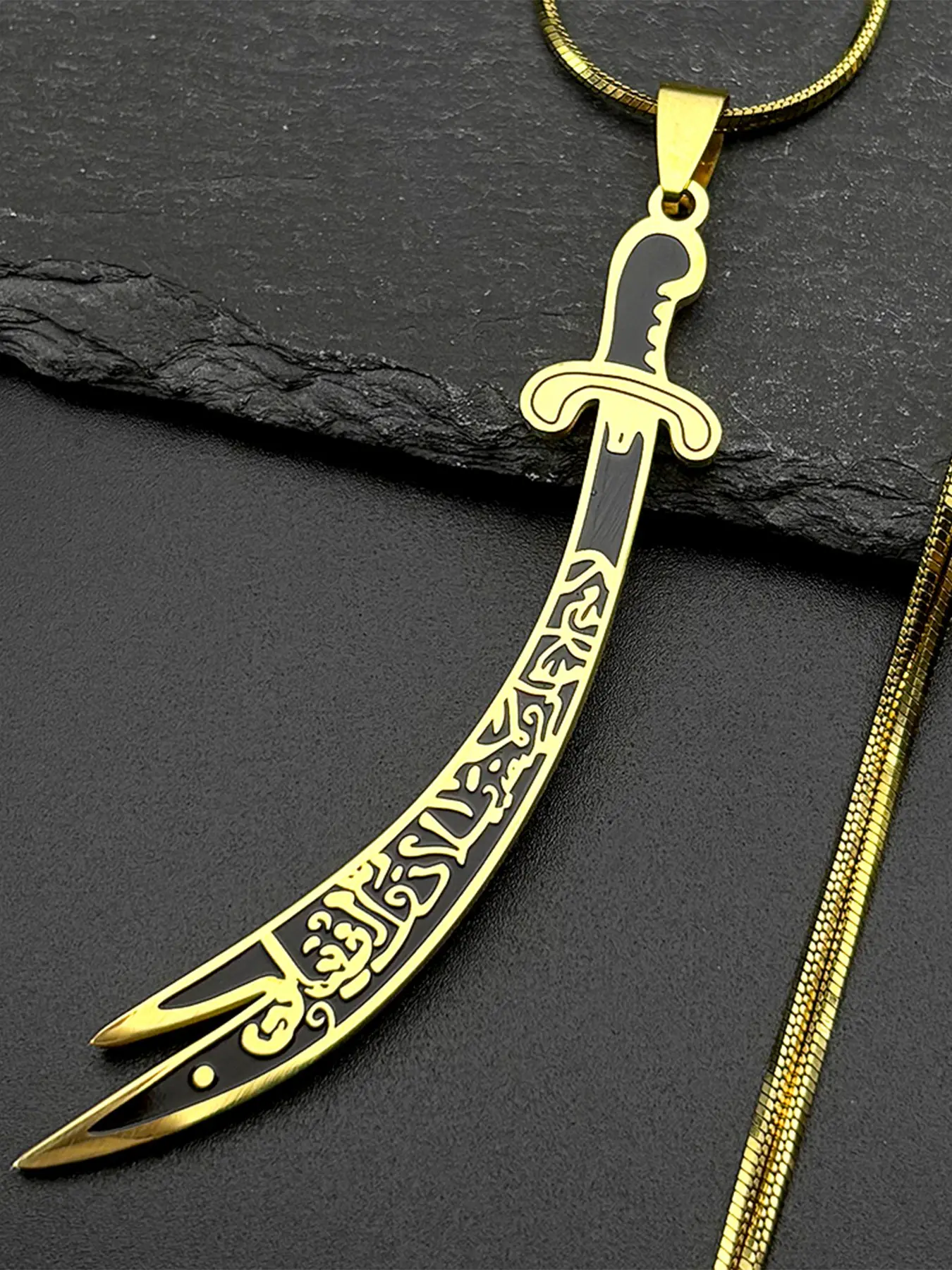 Arabic Ali Sword Knife Pendant Necklaces for Women Men Stainless Steel Gold Color Enamel Muslim Islamic Quran Chain Gift
