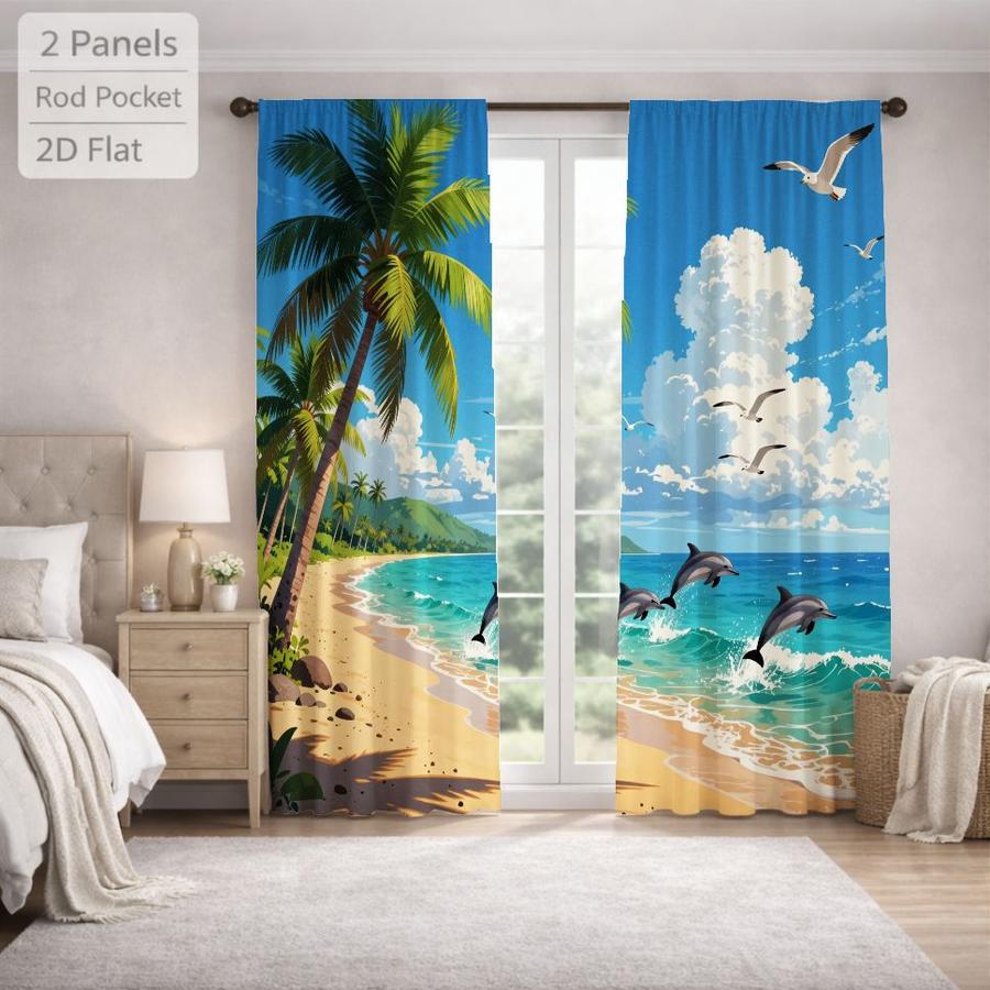 2Pcs Coastal Style Beach Scene Dolphin Seagull Palm Tree Sun Blocking Curtains Digital Printed Rod Pocket, Window Treatment For Bedroom Office Kitchen Living Room Study Home Decor