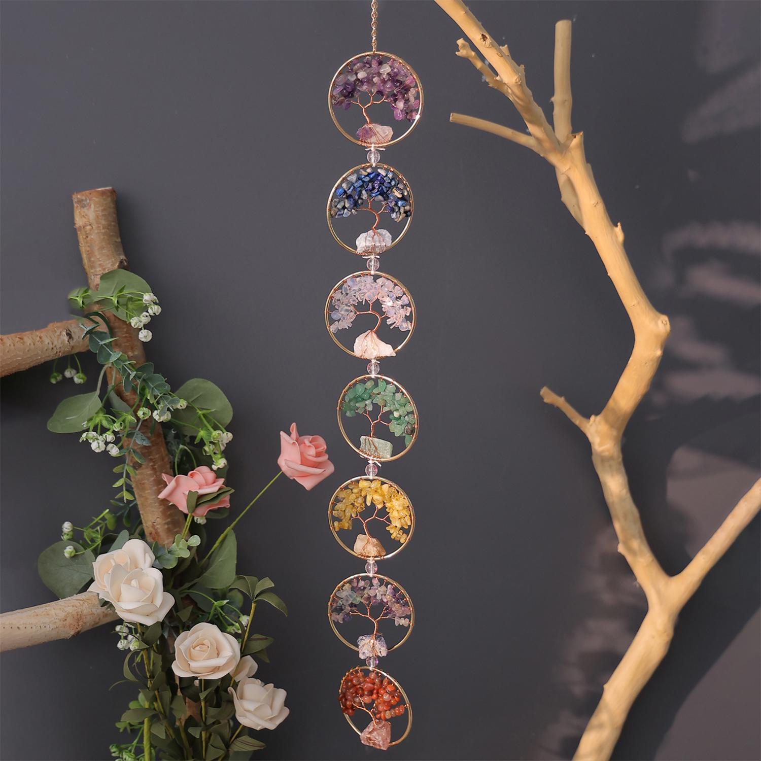 Seven Chakra Dream Catcher, Handmade Tree of Life Design Boho Interior Indoor Outdoor Hanging Decoration, Decorative Wall Art, Unique Artwork, Festive Ornament, Holiday Decor, Tree of Life Motif, Birthday Gift for Boys Girls