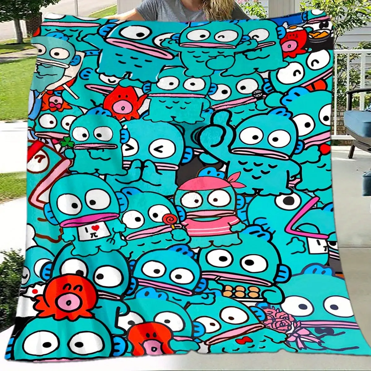 Hangyodon All Emotion Collage Flannel Throw Blanket Teal Mermaid Fish Octopus Cartoon Soft Warm Blanket Gift for Sanrio Weirdcore Kawaii Fans