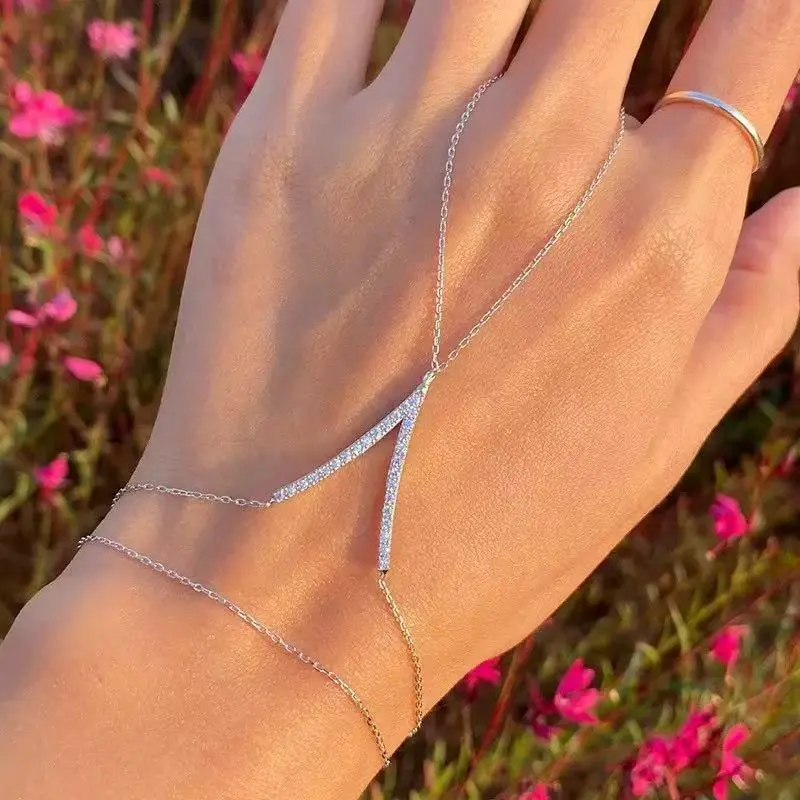 Minimalist V-Shape Hand Chain Bracelet for Women with Sparkling CZ Stones, Dainty Finger Jewelry for Parties & Daily Wear