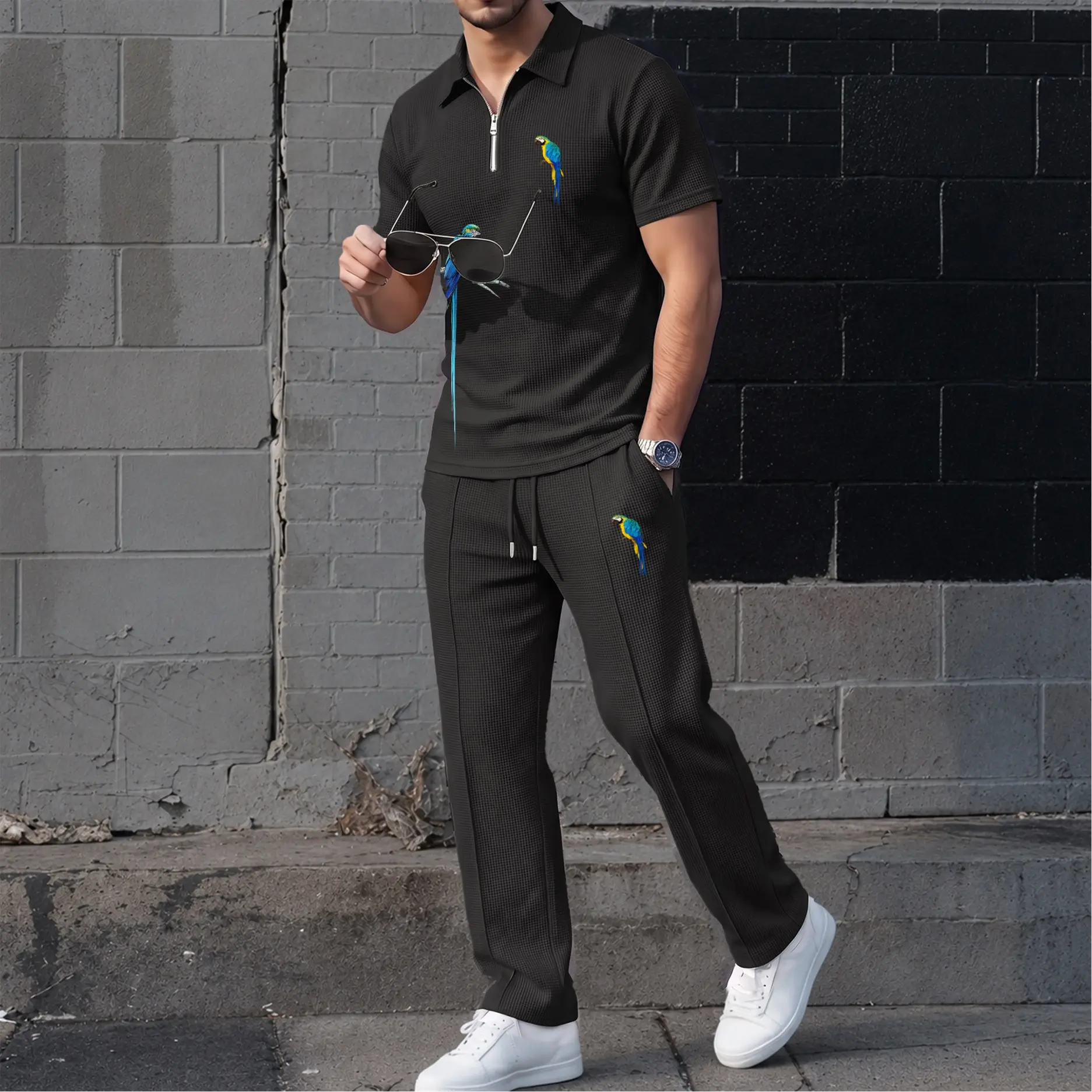Men’s Parrot Print Waffle Fabric Zip Collar Polo Shirt and Pants Set, Short Sleeve Polo Top with Matching Drawstring Trousers, Casual Two Piece Outfit