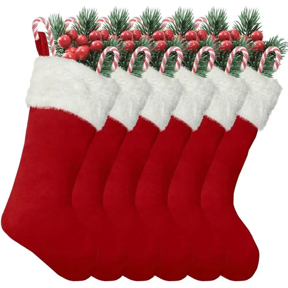 6Pack 20 Inch Large Red Traditional Vintage Plush Polyester Luxury Christmas Stockings for Family Xmas Holiday Party Decor Xmas Tree Fireplace Mantle Pet