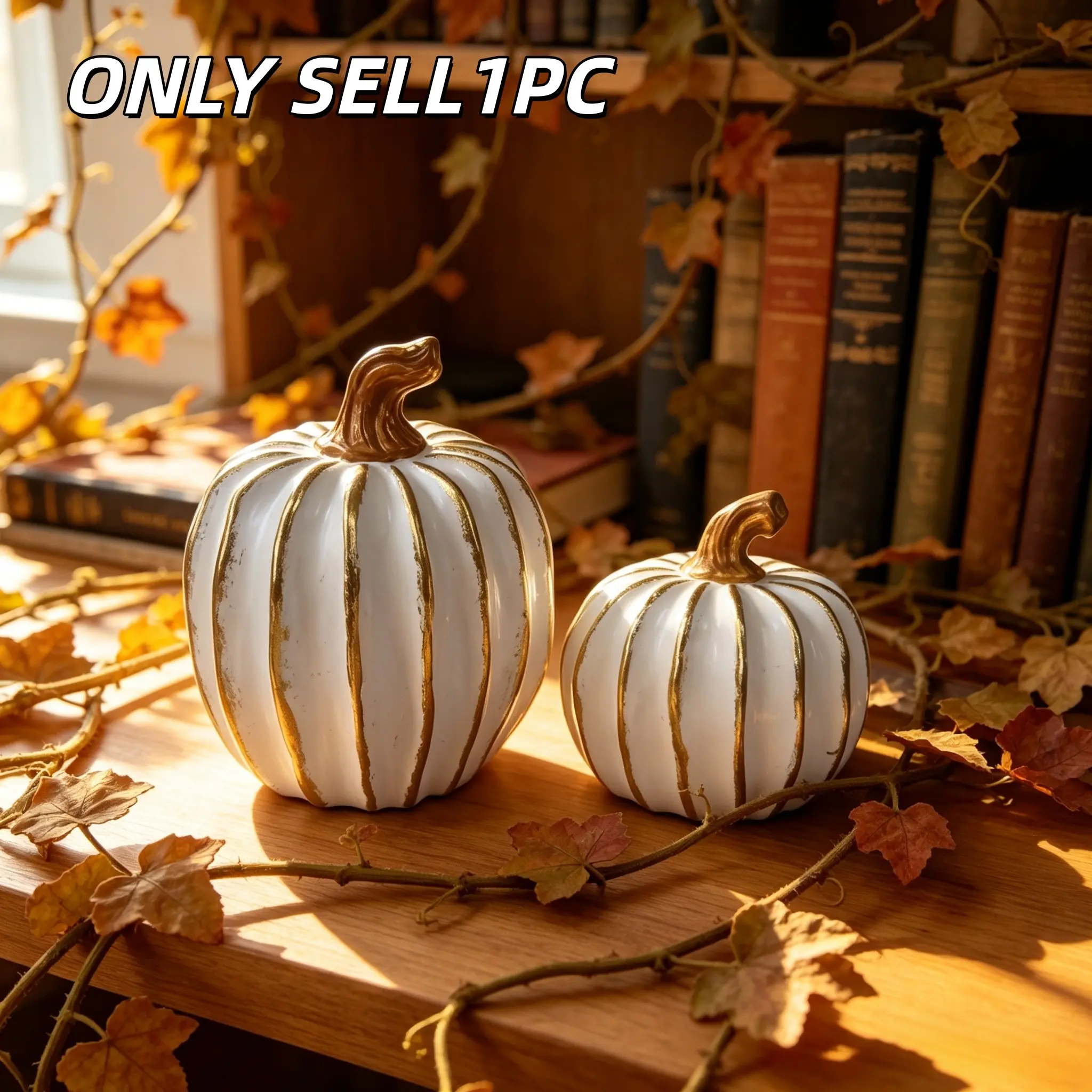 1PC White & Gold Striped Pumpkin Decor, Elegant Vintage Pumpkin Figurine, Indoor Tabletop Ornament for Autumn, Thanksgiving & Halloween