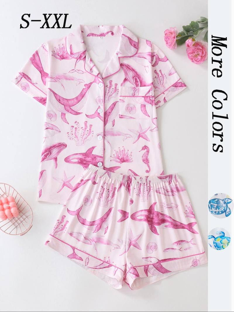 Women's Turtle Print Shirt & Shorts Pajama Two-piece Set, Casual Comfy Short Sleeve Top & Shorts Pajama Set, Ladies Summer Sleepwear & Loungewear