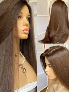 Soft Brown Long 26 Inch 180 Density Natural Silk Straight Front Lace Wig, Synthetic Glueless Pre-Plucked Heat Resistant Daily Wear Wig