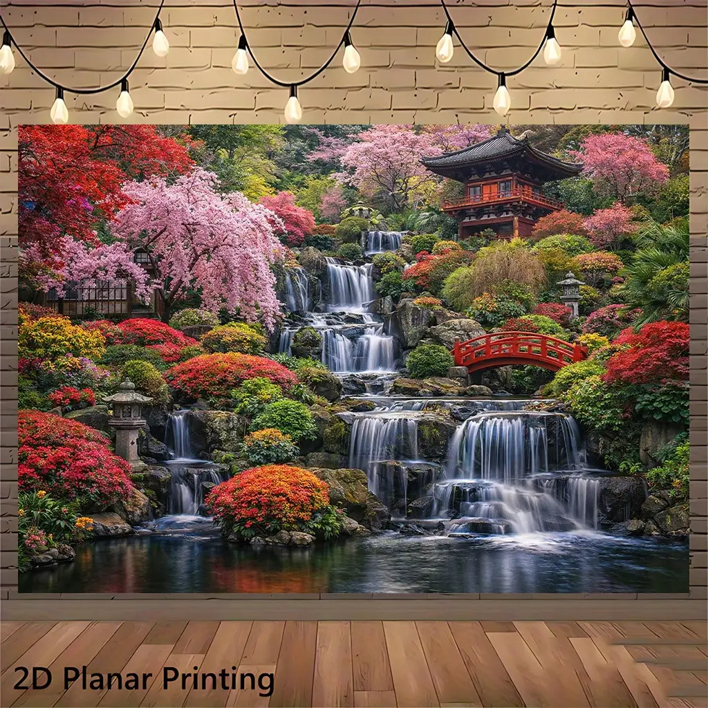 2D Flat Spring Garden Waterfall Banner | Cherry Blossom, Red Bridge & Scenic Garden Wall Decor & Photo Backdrop for Bedroom, Living Room, Party & Yard | Single-Sided Polyester | Metal Grommets for Easy Hanging