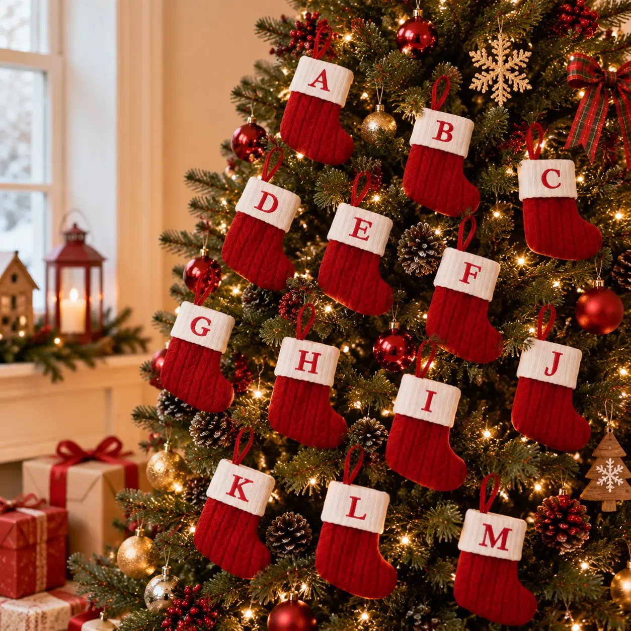 Mini Letter Design Christmas Stockings, 13 or 26Pcs, Red and White Knit Gift Pouches, Christmas Candy Bags, Gift Toppers and Hanging Decor, Christmas tree ornament