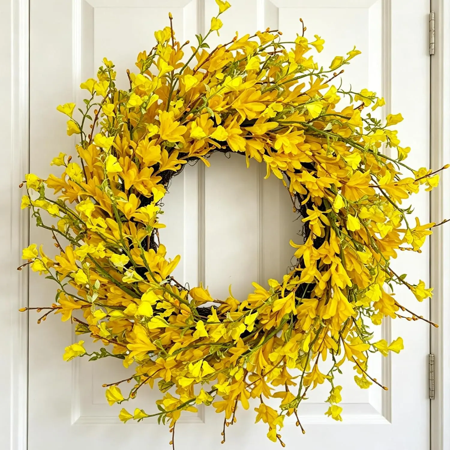 22" Spring Wreaths for Front Door, Artificial Forsythia Flower Wreath on Grapevine, Yellow Wreaths with Green Leaves, Silk Floral Wreath for Home Indoor Wall Window Garden Porch Farmhouse Decor