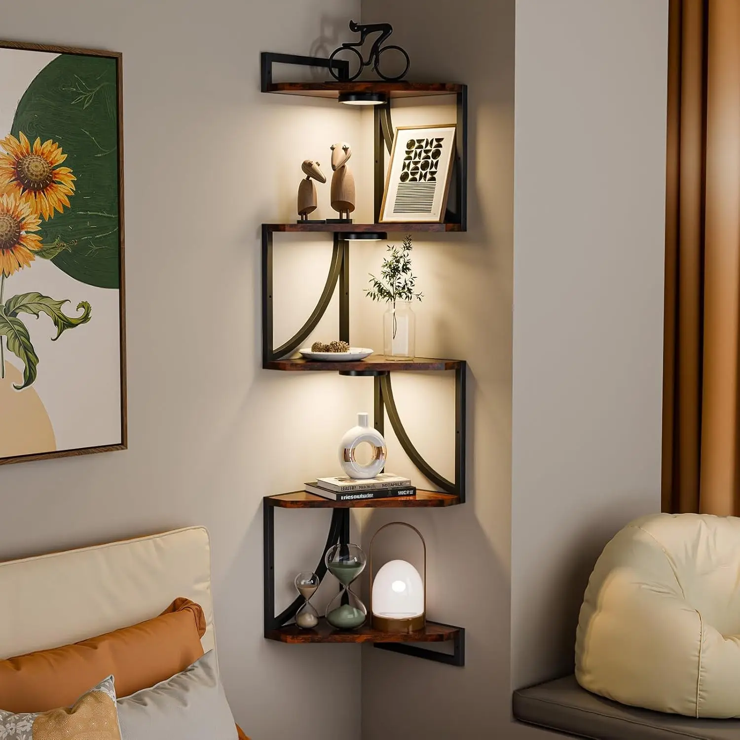 Corner Shelf Wall Mounted with Lights, 5-Tier Floating Metal Shelves for Living Room, Bedroom, Rustic Brown