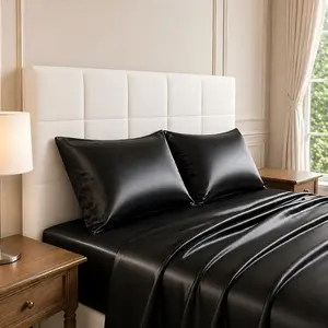 Queen Size Satin Sheets 4 Piece Cooling Bed Sheet Set with Deep Pocket Smooth Ice Silk Feel Breathable Bedding for Hair Protection Guest Room Apartment Bedroom Black