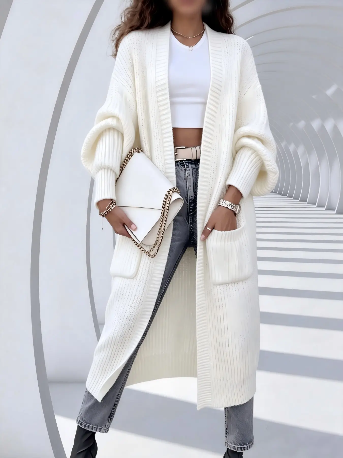 Women's Elegant Loose Knit Sweater, Knee-Length Open Front Design, Pocket Detail, Fall & Winter Casual Wear, Cozy & Warm, Knitwear