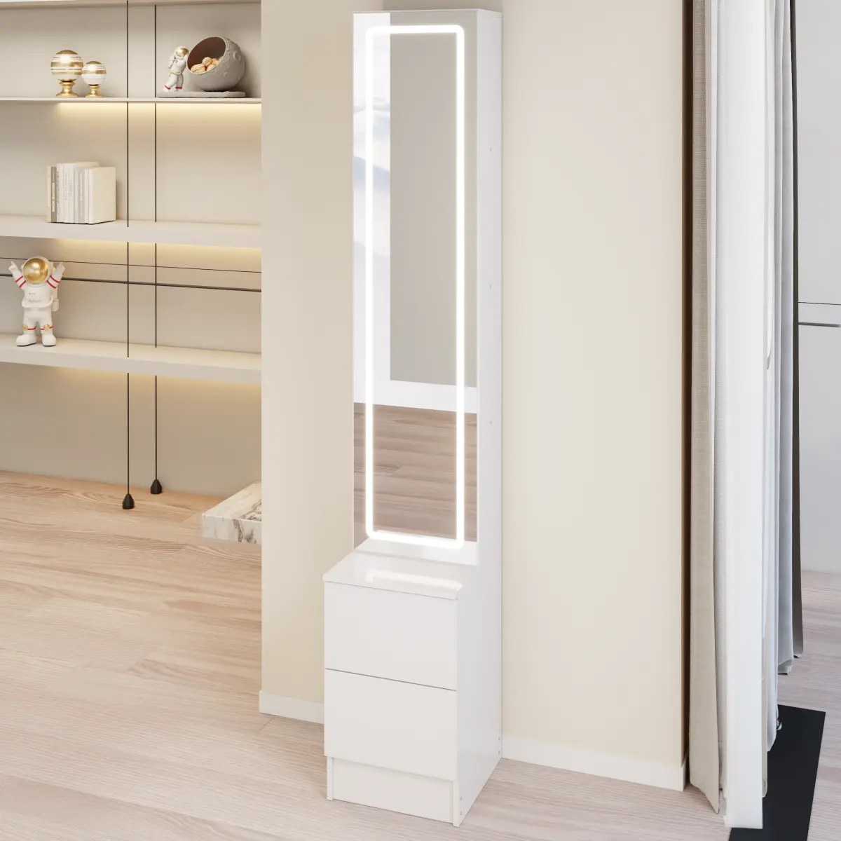 Modern Rectangular LED Dressing Mirror Cabinet (11.8in x 15.7in x 63in) - Bathroom Indoor Cupboard, Light Control, Adjustable Brightness, 3-Color Lighting, Extra Large Mirror, Multi-Layer High-Capacity Cosmetic & Jewelry Organizer, Simple Setup