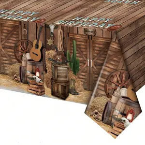 Western Cowboy Theme Party Tablecloth Set, Disposable Plastic Table Cover, Wild West Birthday Party Decoration, 2pcs