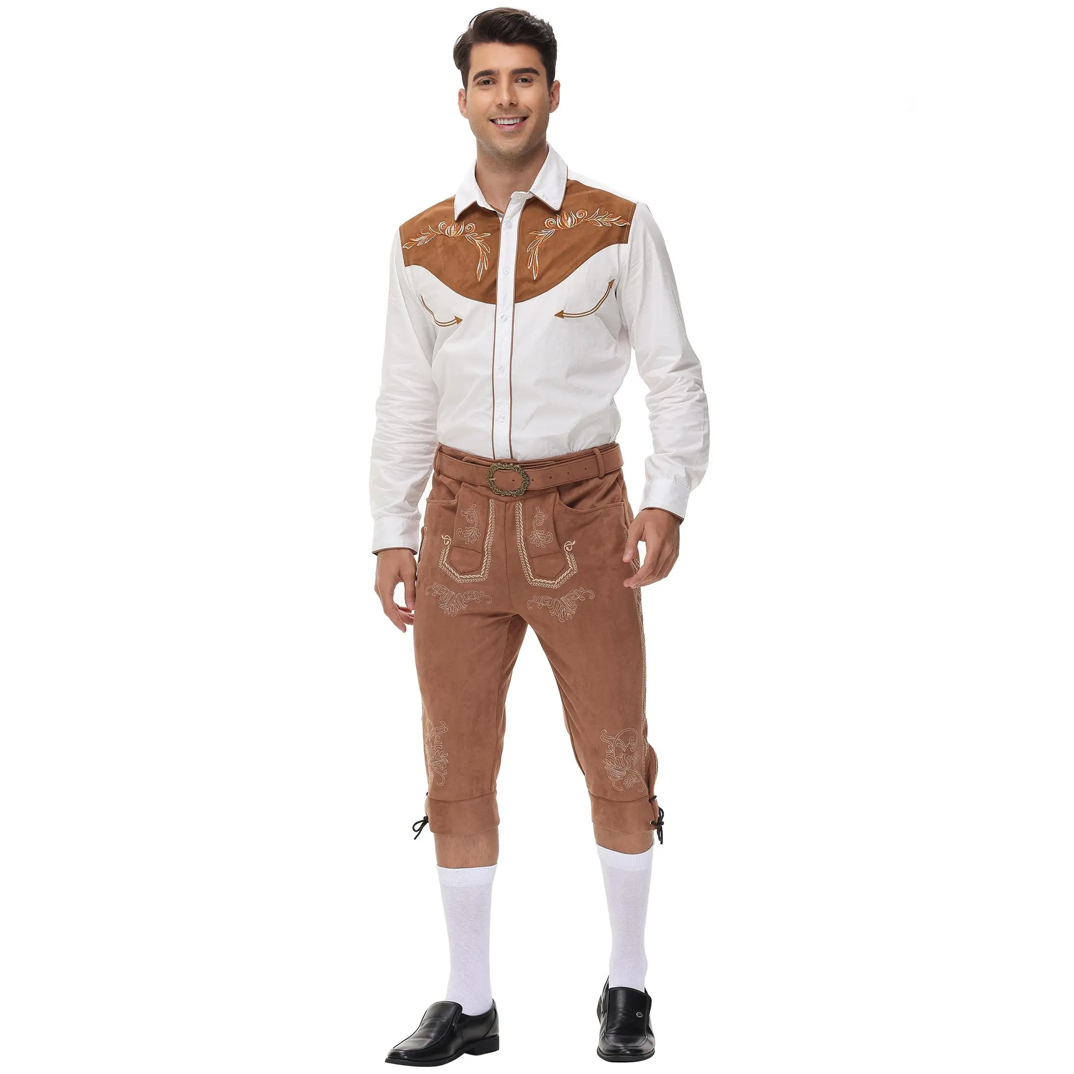 Bavarian Festival Men’s Cropped Lederhosen, Ornate Embroidery Multi Pocket Faux Suede Capri Pants with Matching Antique Buckle Belt