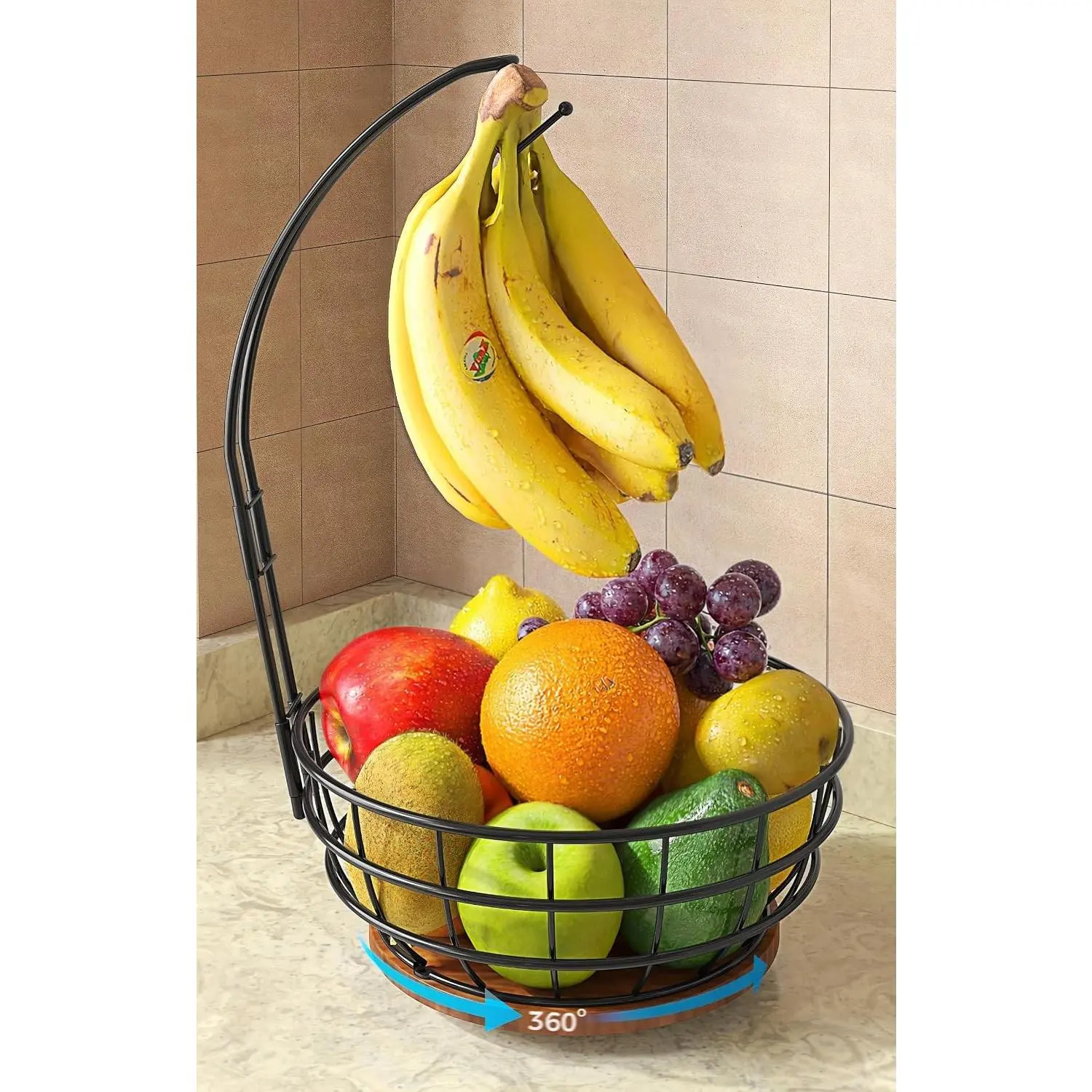 360°Rotating Fruit Basket for Kitchen Counter with Upgraded Banana Hanger, 2026 Pro Metal Countertop Fruit and Vegetable Basket Bowl Storage with Wooden Non-Slip Base, Black