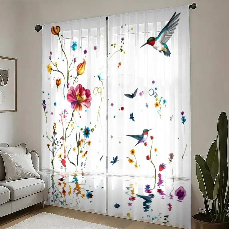 2-piece set - Watercolor Hummingbird Flower Pattern Semi-transparent Curtains, Rod Bag Curtains, Semi Sheer Curtain, Window Curtains, Suitable for living room, bedroom, home decoration. Hand washable, hookless