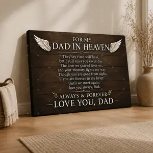 Dad Memorial Canvas Wall Art, In Loving Memory Father Quote Poster, Angel Wing Sympathy Wall Decor, Rustic Remembrance Gift for Bedroom Office Living Room, Unframed Canvas Poster or Framed Canvas WrapFather's Day Gift