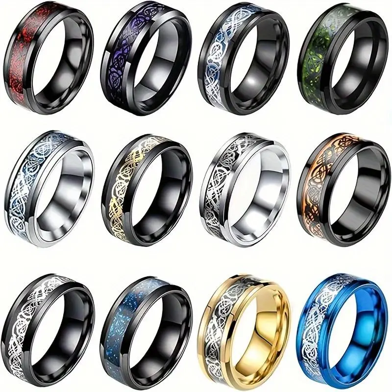 8mm Stainless Steel Rings for Men and Women, Celtic dragon beveled Celtic Black Ring, Stainless steel Wedding Ring Size 7-13 Metal Ring